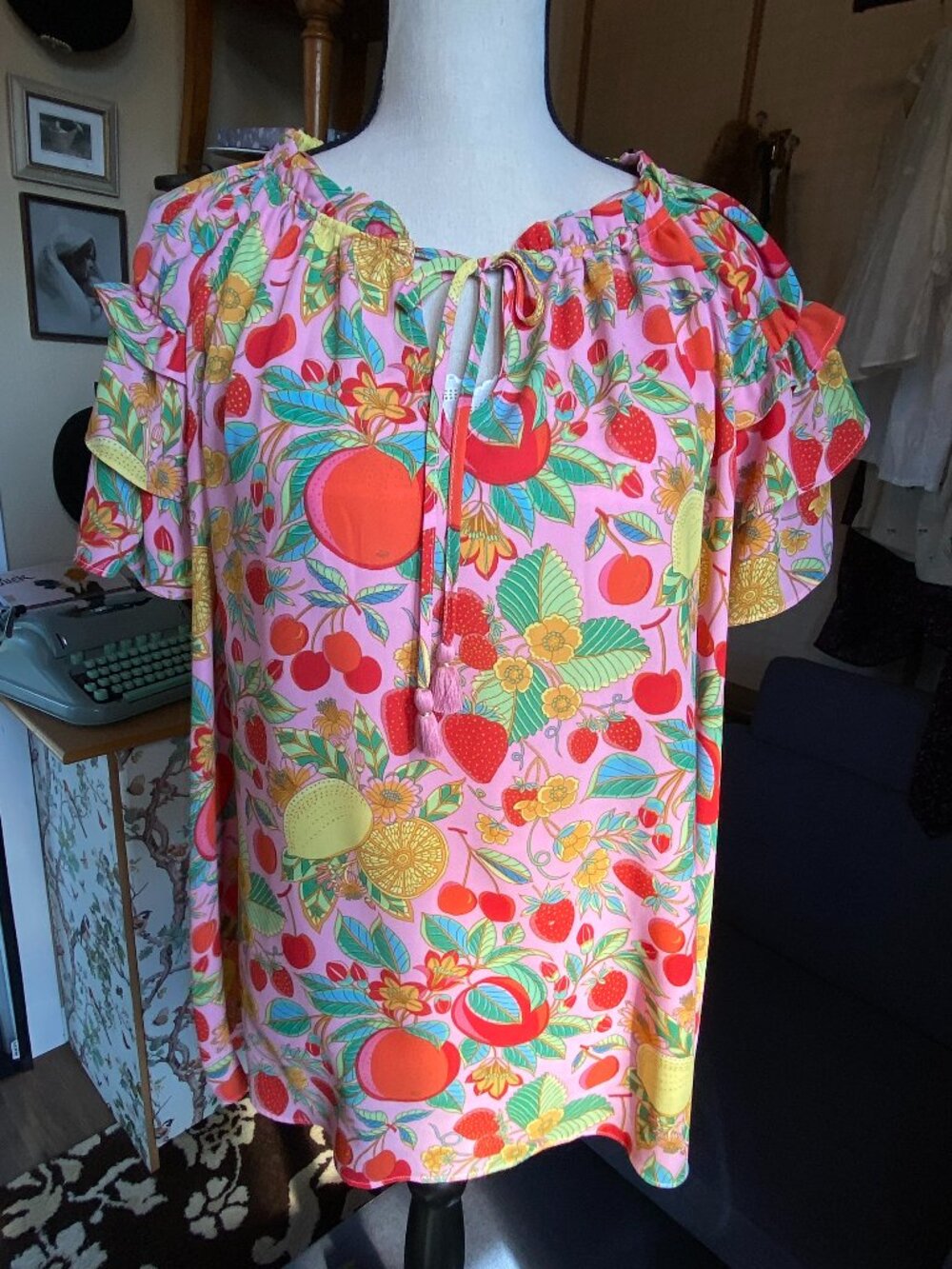 Rose & Olive Pink Fruit Print Ruffle Peasant Blouse Top 2X NWOT Boho